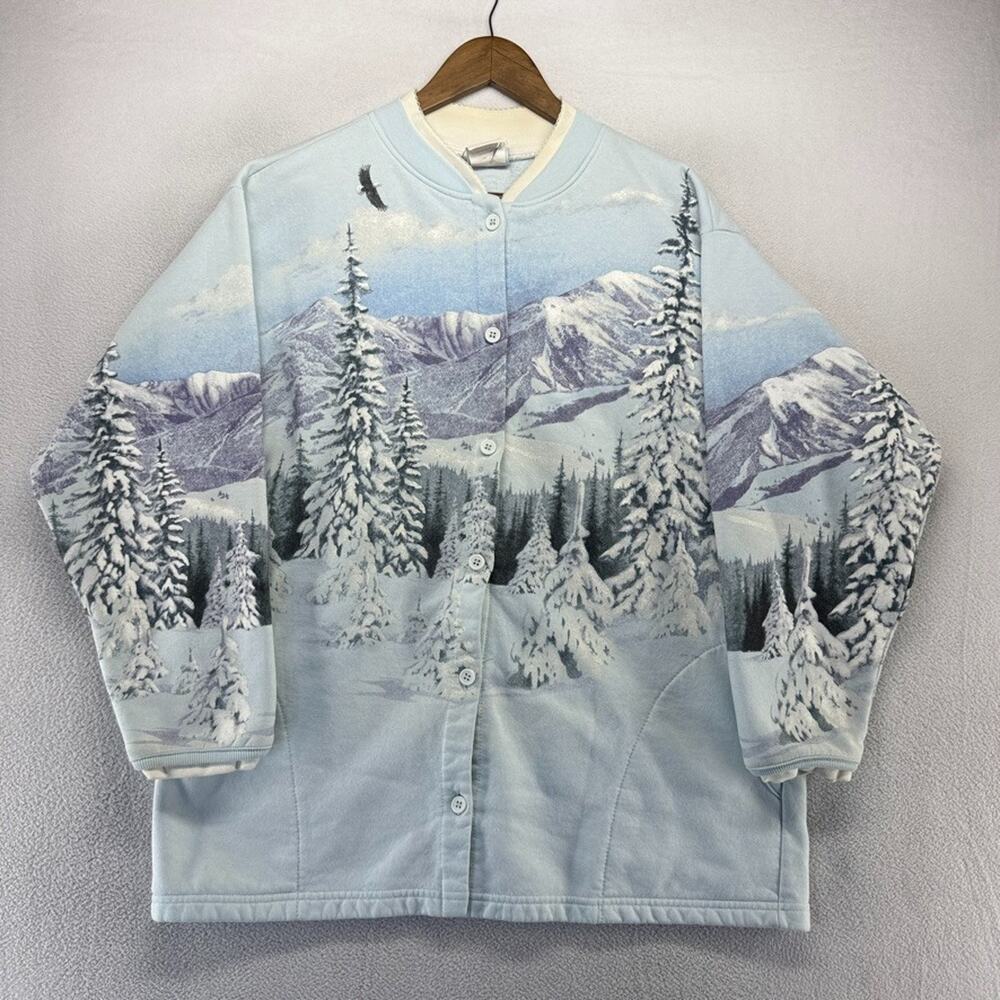 Vintage Artisans Sweatshirt Women's XL Blue Snow Mountains Cardigan All over 90s